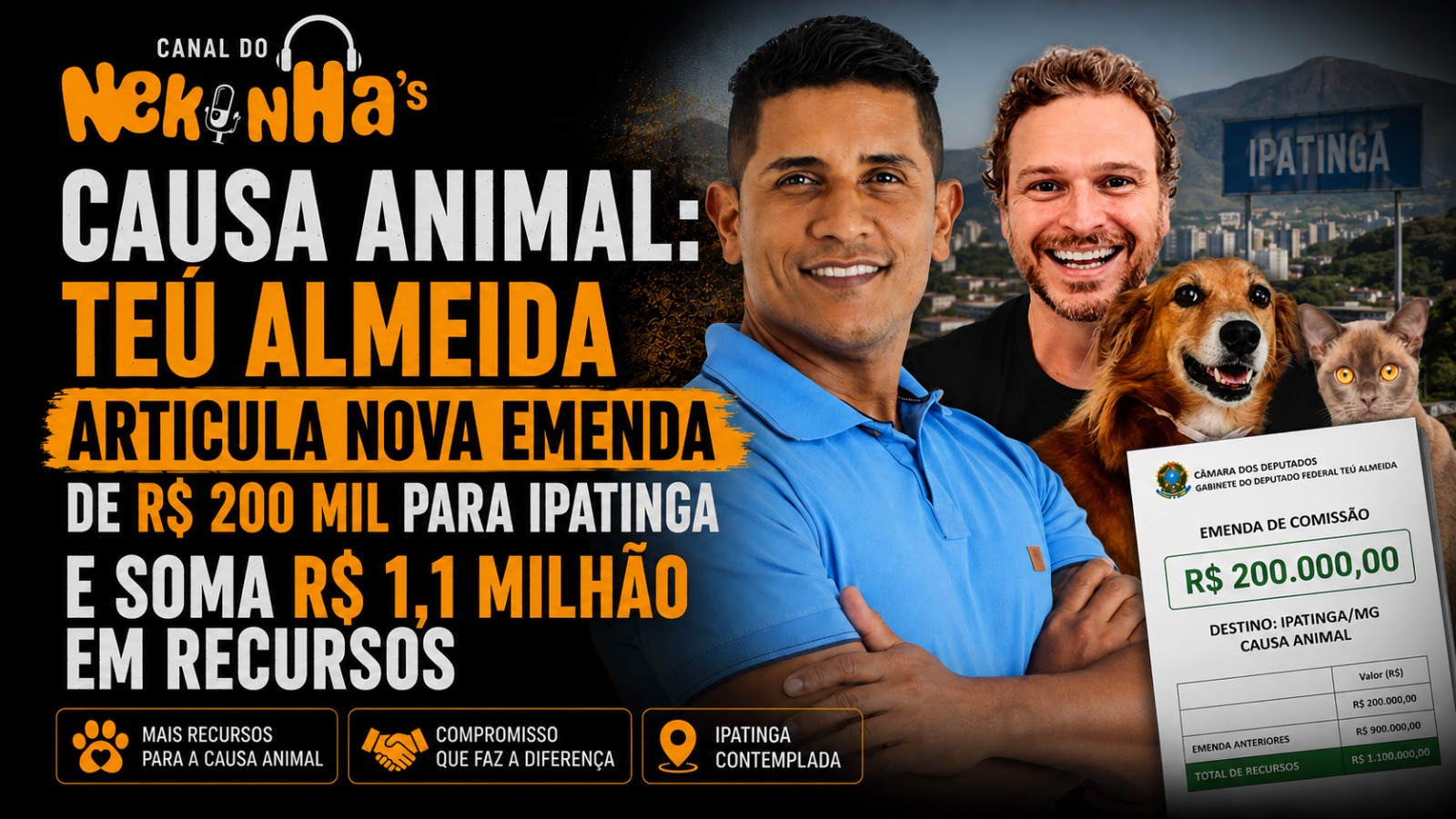 Causa Animal: Teú Almeida articula nova emenda de R$ 200 mil para Ipatinga e soma R$ 1,1 milhão em recursos
