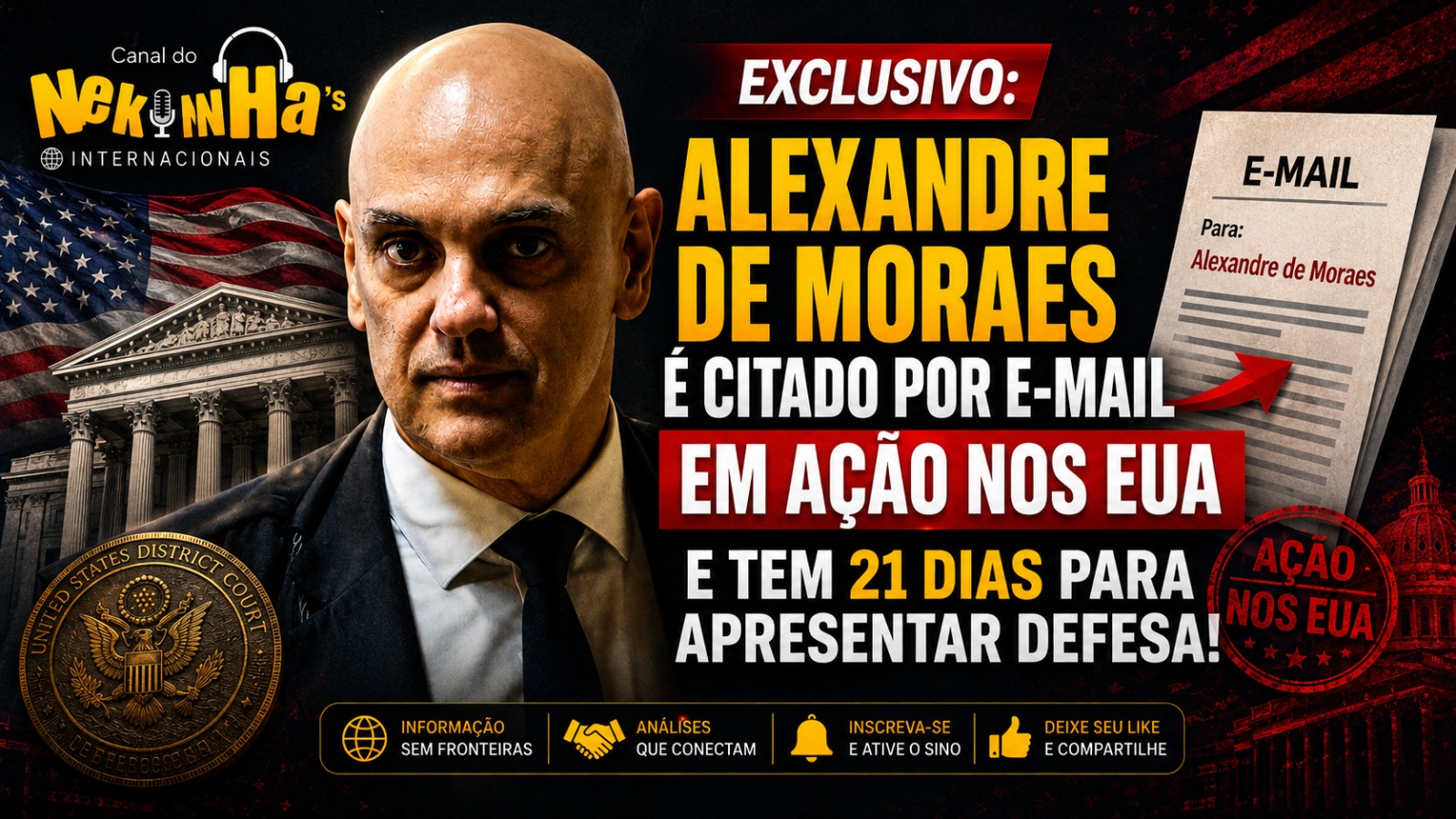 Internacionais: Alexandre de Moraes é citado por e-mail em ação nos EUA e tem 21 dias para apresentar defesa