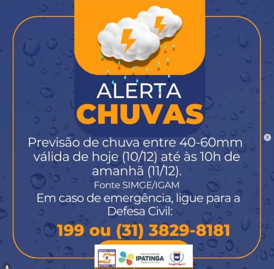 ATENÇÃO VALE DO AÇO: Novo Alerta de Chuvas Fortes Emitido Pelo SIMGE/IGAM