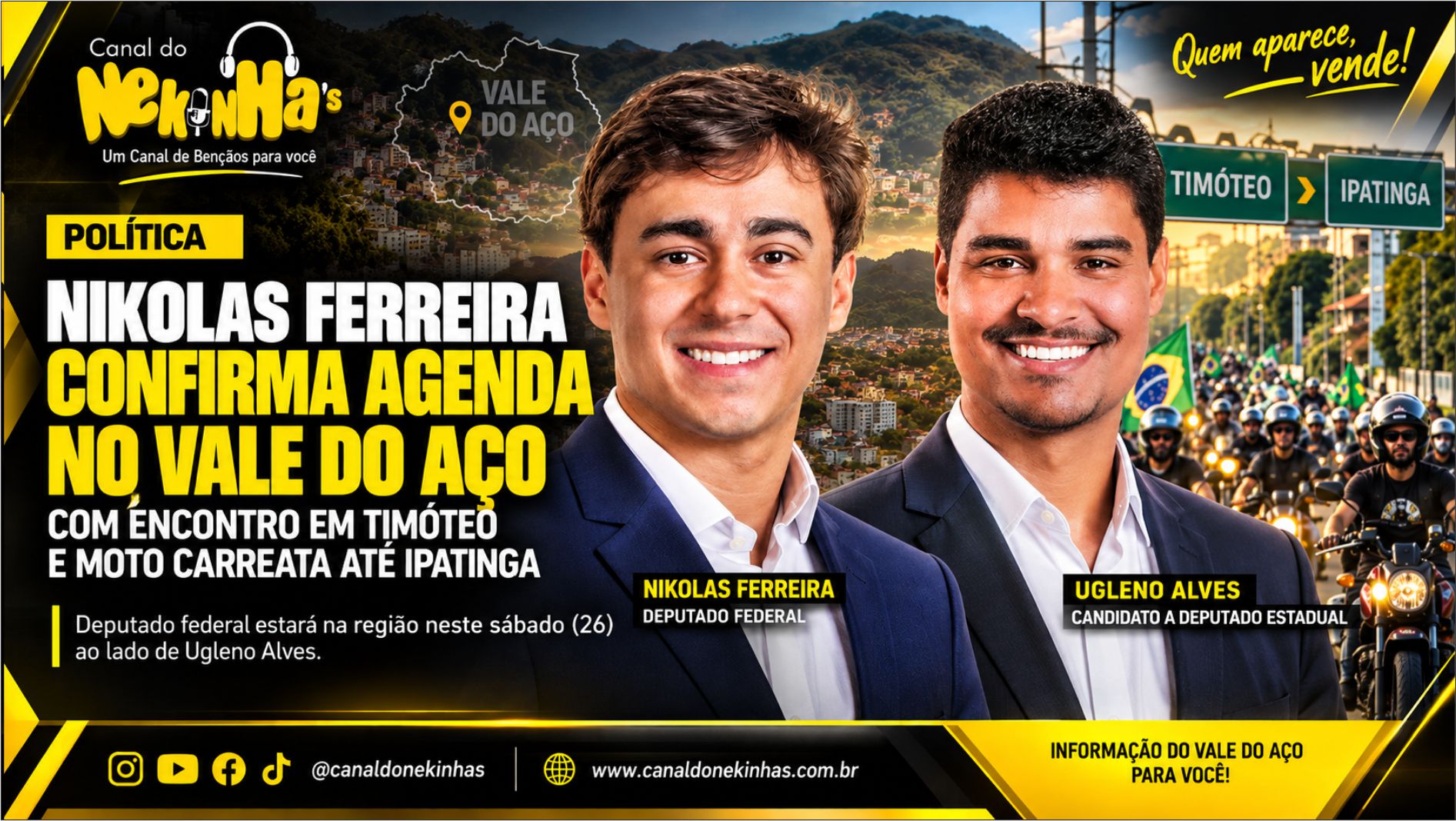 Nikolas Ferreira confirma agenda no Vale do Aço com encontro em Timóteo e moto carreata até Ipatinga